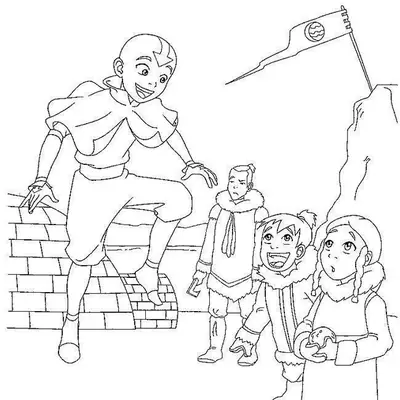 Desenho de contorno em preto e branco de Aang saltando no ar em frente a Katara, Sokka e outra criança vestindo casacos de pele na neve.