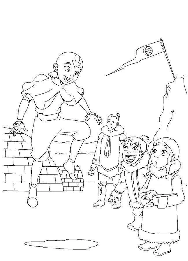 Desenho de contorno em preto e branco de Aang saltando no ar em frente a Katara, Sokka e outra criança vestindo casacos de pele na neve.