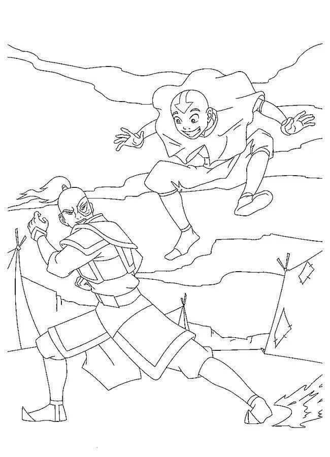 Desenho de contorno em preto e branco de Aang saltando no ar enquanto Zuko, em pose de combate, o observa em um cenário com tendas e montanhas.