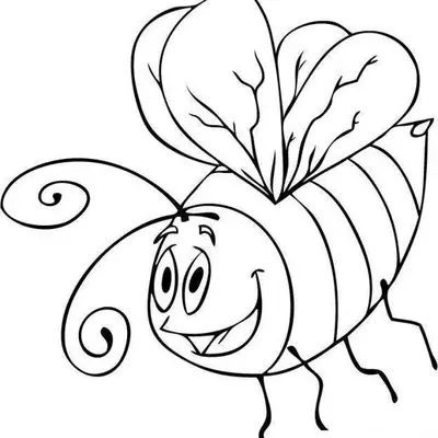 Desenho de contorno de uma abelha sorridente com grandes olhos ovais, antenas longas em espiral e asinhas detalhadas.