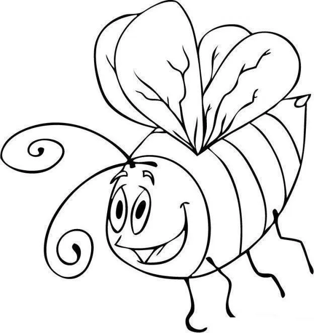 Desenho de contorno de uma abelha sorridente com grandes olhos ovais, antenas longas em espiral e asinhas detalhadas.