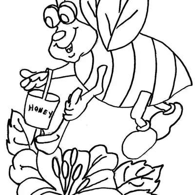 Desenho de contorno de uma abelha sorridente carregando um balde de mel sobre uma flor com folhas grandes.