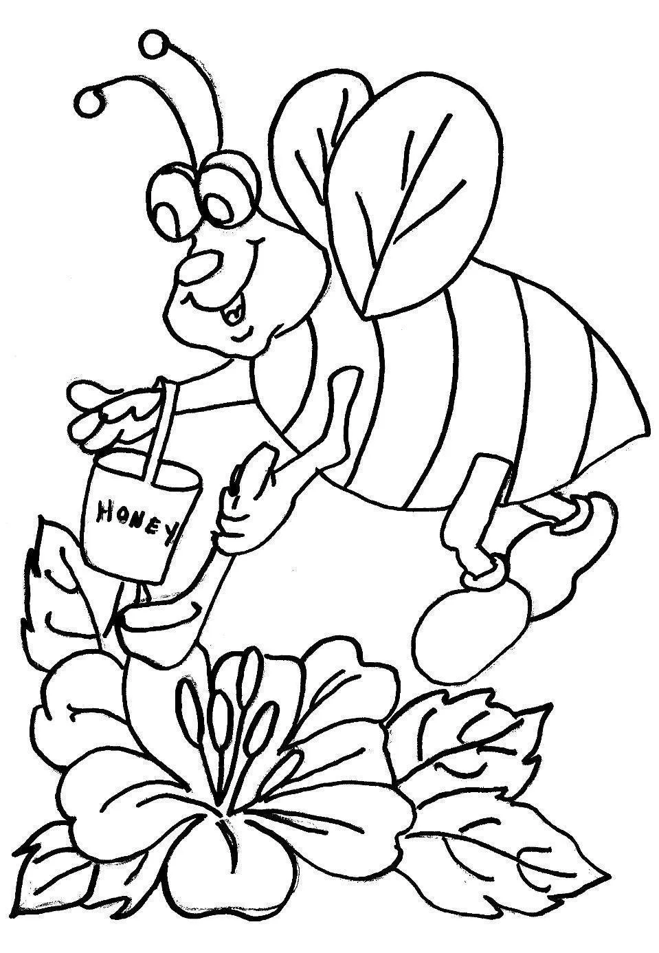 Desenho de contorno de uma abelha sorridente carregando um balde de mel sobre uma flor com folhas grandes.