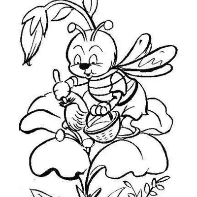 Desenho de contorno de uma abelha cartoon em cima de uma flor, segurando um pincel em uma pata e um balde na outra.