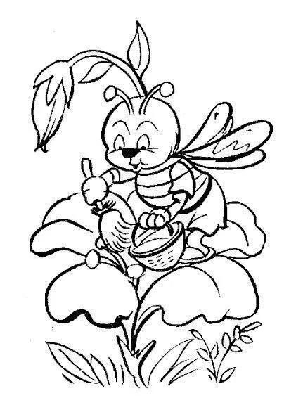 Desenho de contorno de uma abelha cartoon em cima de uma flor, segurando um pincel em uma pata e um balde na outra.