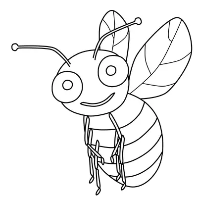 Desenho de contorno de uma abelha cartoon com olhos circulares muito grandes, sorriso pequeno, corpo listrado e asinhas com detalhes de nervuras.