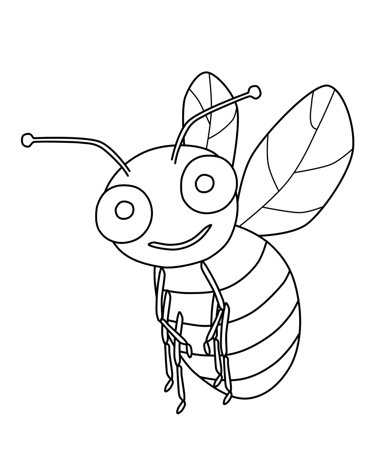 Desenho de contorno de uma abelha cartoon com olhos circulares muito grandes, sorriso pequeno, corpo listrado e asinhas com detalhes de nervuras.