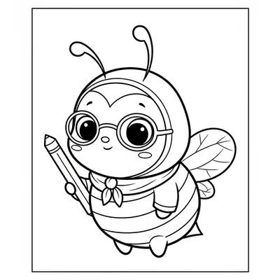 Desenho de contorno de uma abelha fofa estilo cartoon usando óculos redondos, um lenço no pescoço e segurando um lápis.