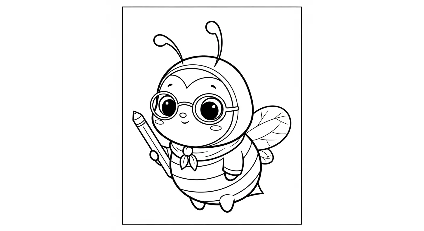 Desenho de contorno de uma abelha fofa estilo cartoon usando óculos redondos, um lenço no pescoço e segurando um lápis.