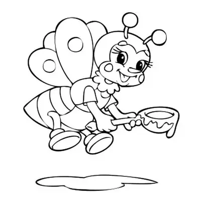 Desenho de contorno de uma abelha cartoon usando sapatos e luvas, segurando uma lupa e voando sobre um pequeno reflexo no chão.