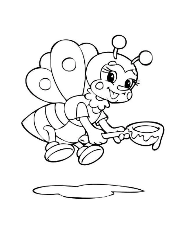 Desenho de contorno de uma abelha cartoon usando sapatos e luvas, segurando uma lupa e voando sobre um pequeno reflexo no chão.