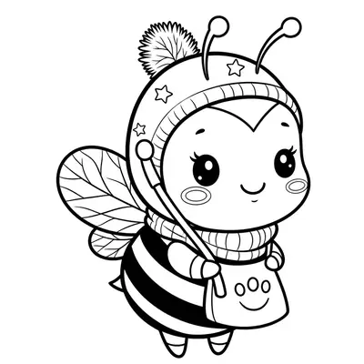 Desenho de contorno de uma abelha bebê usando um gorro de lã com pompom e estrelas, cachecol e segurando uma bolsinha com desenho de patinha.