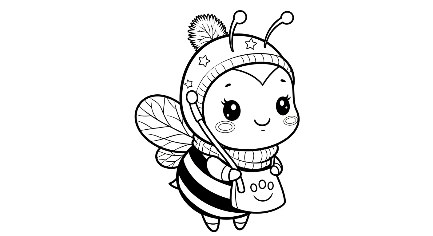 Desenho de contorno de uma abelha bebê usando um gorro de lã com pompom e estrelas, cachecol e segurando uma bolsinha com desenho de patinha.