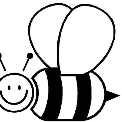 Desenho de contorno simples de uma abelha cartoon sorridente com asas grandes e ferrão pequeno.
