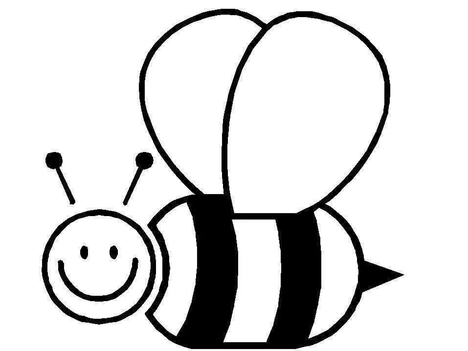 Desenho de contorno simples de uma abelha cartoon sorridente com asas grandes e ferrão pequeno.