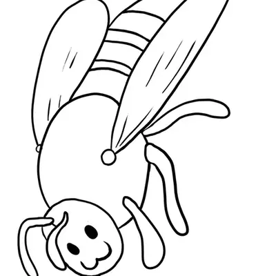 Desenho de contorno de uma abelha cartoon sorridente, com olhos grandes e expressivos, corpo listrado e pequenas asas em movimento.