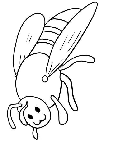 Desenho de contorno de uma abelha cartoon sorridente, com olhos grandes e expressivos, corpo listrado e pequenas asas em movimento.