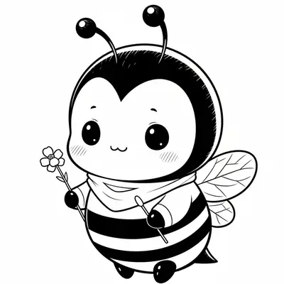 Desenho de contorno de uma abelha redondinha com olhos pretos brilhantes, usando um lenço e segurando uma pequena flor de cinco pétalas.