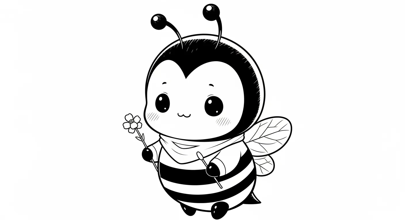 Desenho de contorno de uma abelha redondinha com olhos pretos brilhantes, usando um lenço e segurando uma pequena flor de cinco pétalas.