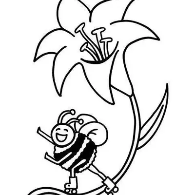 Desenho de contorno de uma abelha cartoon sorridente usando patins, posicionada abaixo de uma grande flor com estames detalhados.