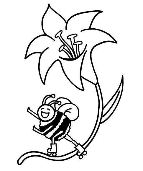 Desenho de contorno de uma abelha cartoon sorridente usando patins, posicionada abaixo de uma grande flor com estames detalhados.