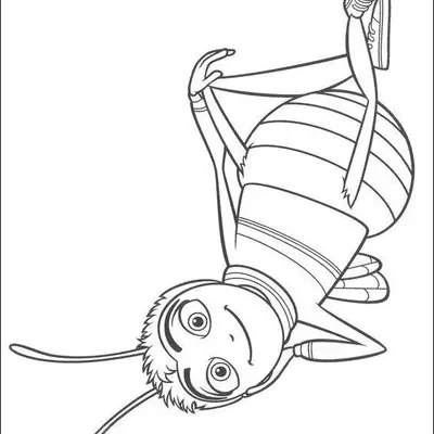 Desenho de contorno de uma abelha cartoon de cabeça para baixo, equilibrando-se com as mãos, usando tênis e sorrindo.