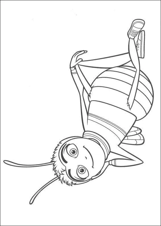 Desenho de contorno de uma abelha cartoon de cabeça para baixo, equilibrando-se com as mãos, usando tênis e sorrindo.