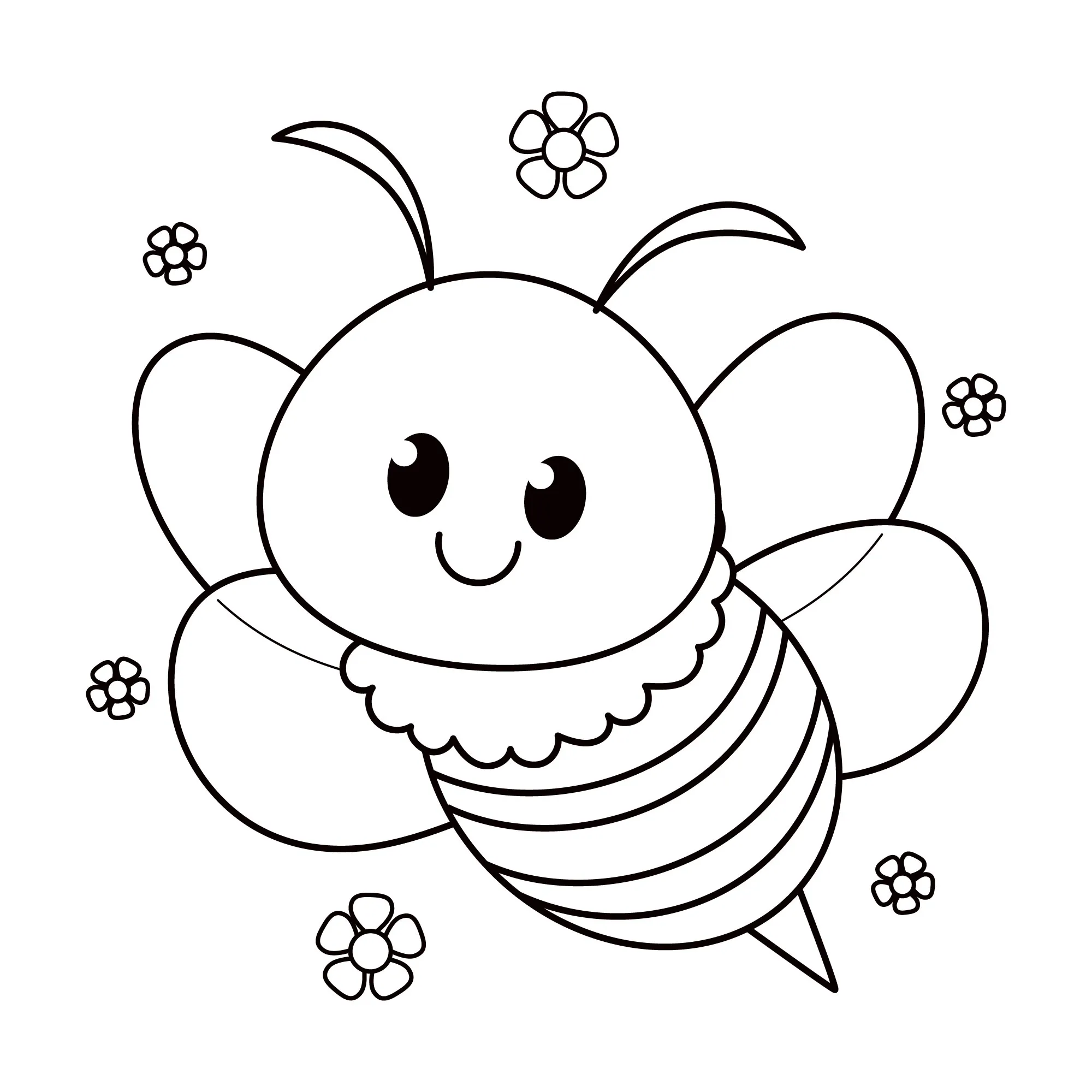 Desenho de contorno de uma abelha cartoon gordinha e sorridente voando com pequenas flores de cinco pétalas ao redor.