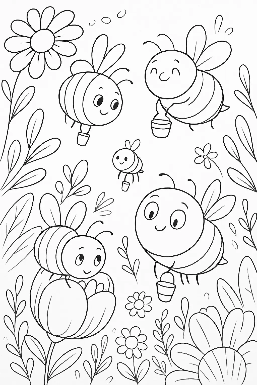 Desenho de contorno com várias abelhas cartoon voando entre flores grandes, cada uma segurando um pequeno balde de coleta.