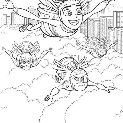 Desenho de contorno de quatro abelhas estilo heróis voando no céu; três delas usam capacetes e a principal sorri, com prédios e árvores ao fundo.