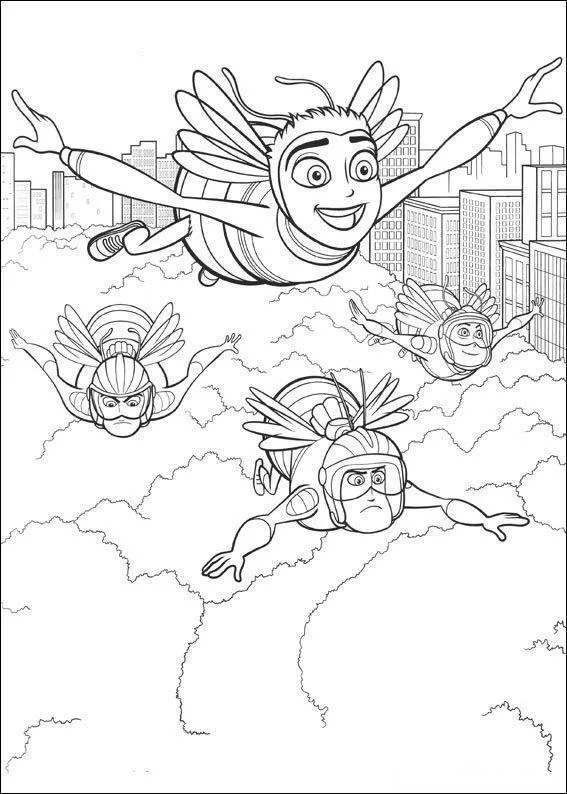 Desenho de contorno de quatro abelhas estilo heróis voando no céu; três delas usam capacetes e a principal sorri, com prédios e árvores ao fundo.