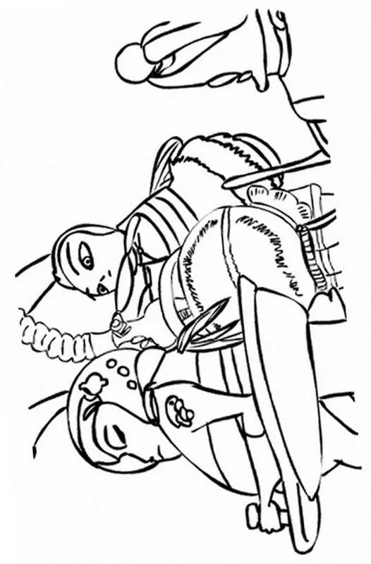 Desenho de contorno de três abelhas em estilo de ação, focadas em uma tarefa conjunta, com detalhes de uniformes e expressões sérias.