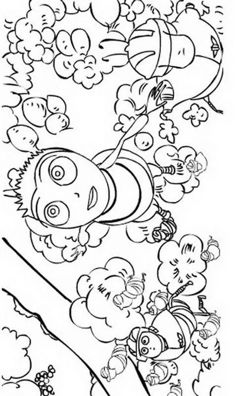 Desenho de contorno com várias abelhas cartoon voando em um cenário de jardim vertical com muitas nuvens arredondadas e pequenos detalhes de flores.