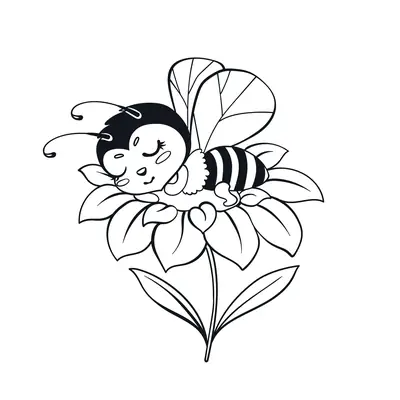 Desenho de contorno de uma abelha fofa com olhos fechados dormindo em cima de uma flor grande com folhas, estilo cartoon.