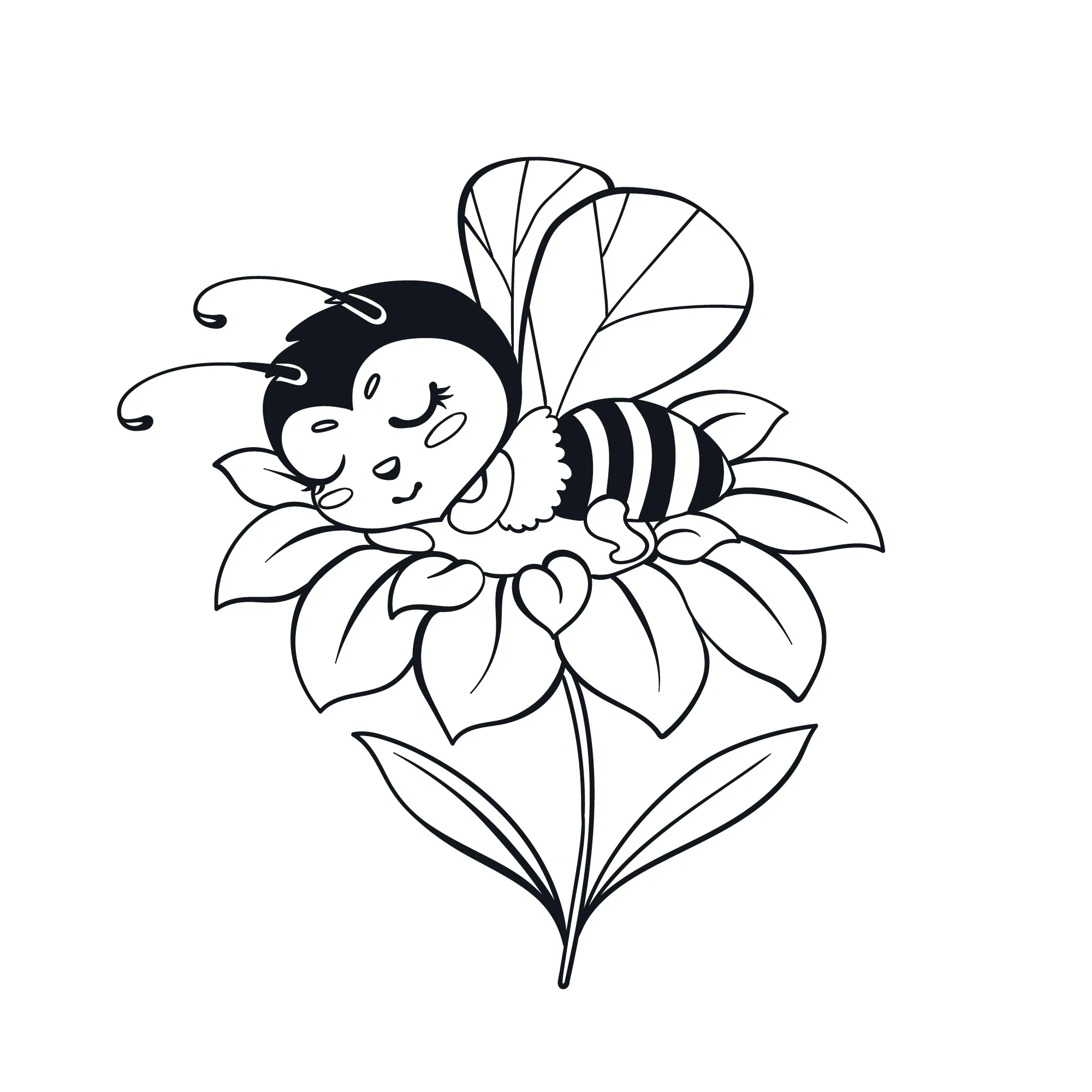 Desenho de contorno de uma abelha fofa com olhos fechados dormindo em cima de uma flor grande com folhas, estilo cartoon.