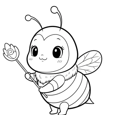 Desenho de contorno de uma abelha fofa estilo kawaii segurando uma varinha que tem uma flor na ponta, com asas pequenas e sorriso doce.