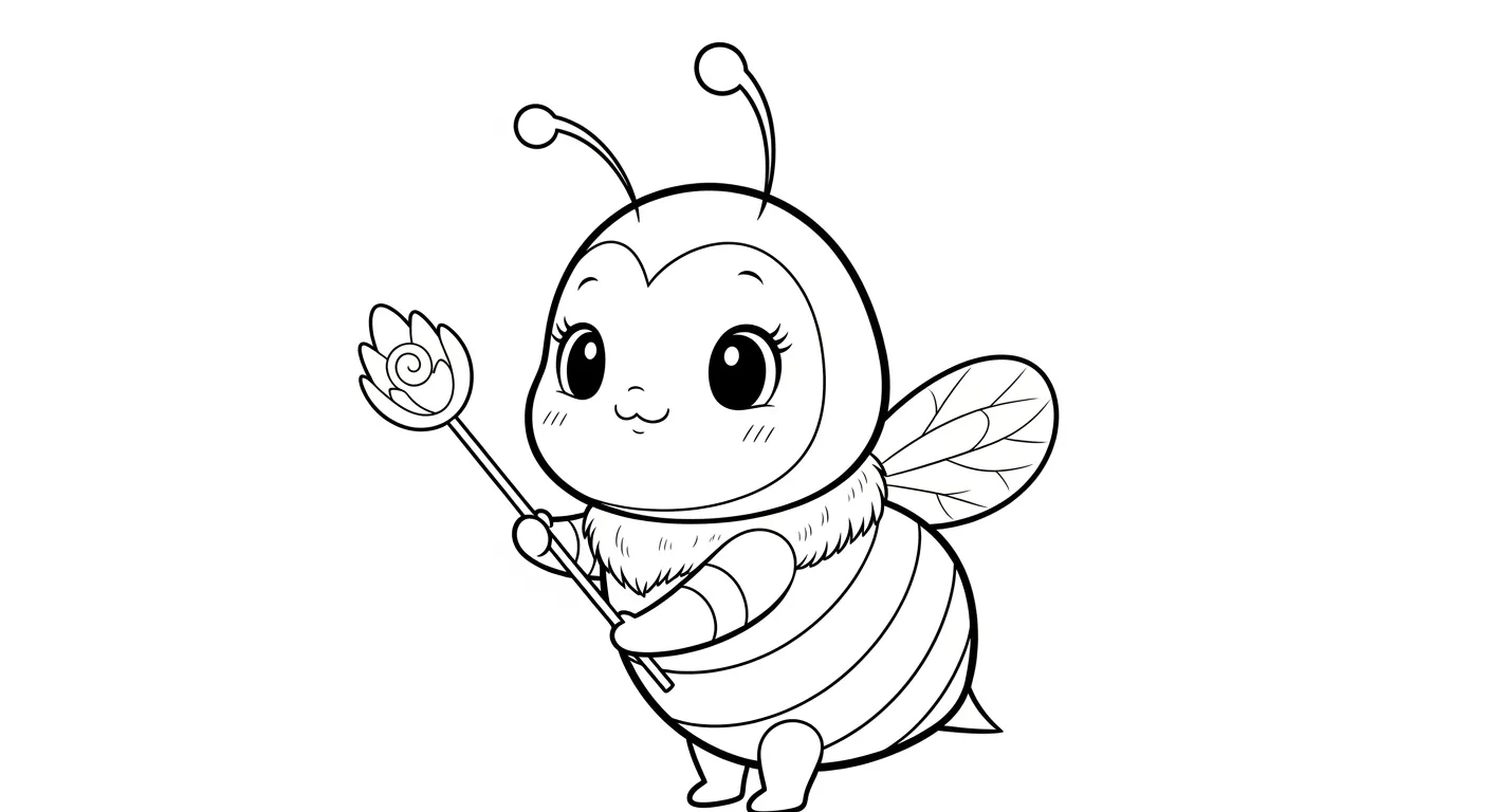 Desenho de contorno de uma abelha fofa estilo kawaii segurando uma varinha que tem uma flor na ponta, com asas pequenas e sorriso doce.