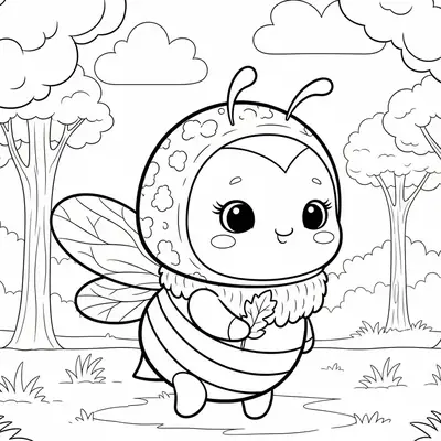 Desenho de contorno de uma abelha bebê fofa com olhos grandes e bochechas rosadas caminhando em uma floresta com árvores e grama.