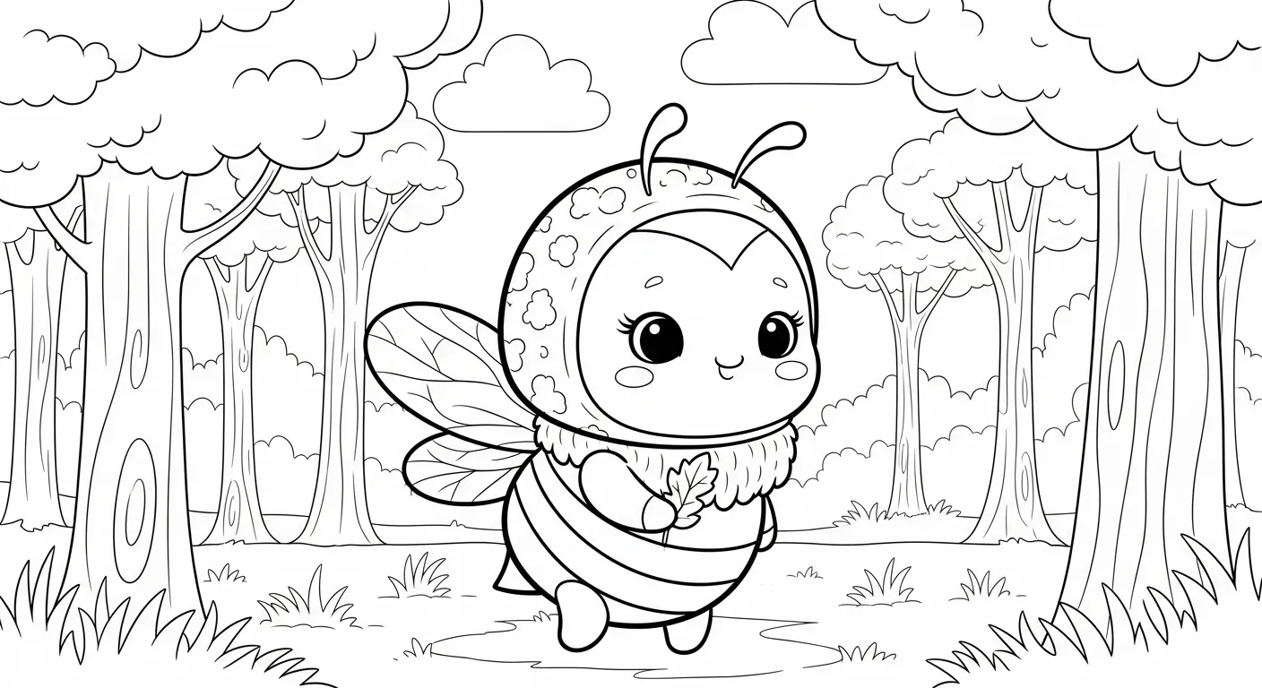 Desenho de contorno de uma abelha bebê fofa com olhos grandes e bochechas rosadas caminhando em uma floresta com árvores e grama.