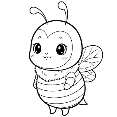 Desenho de contorno de uma abelha fofa estilo kawaii, com olhos grandes brilhantes, bochechas com risquinhos e um sorriso pequeno.