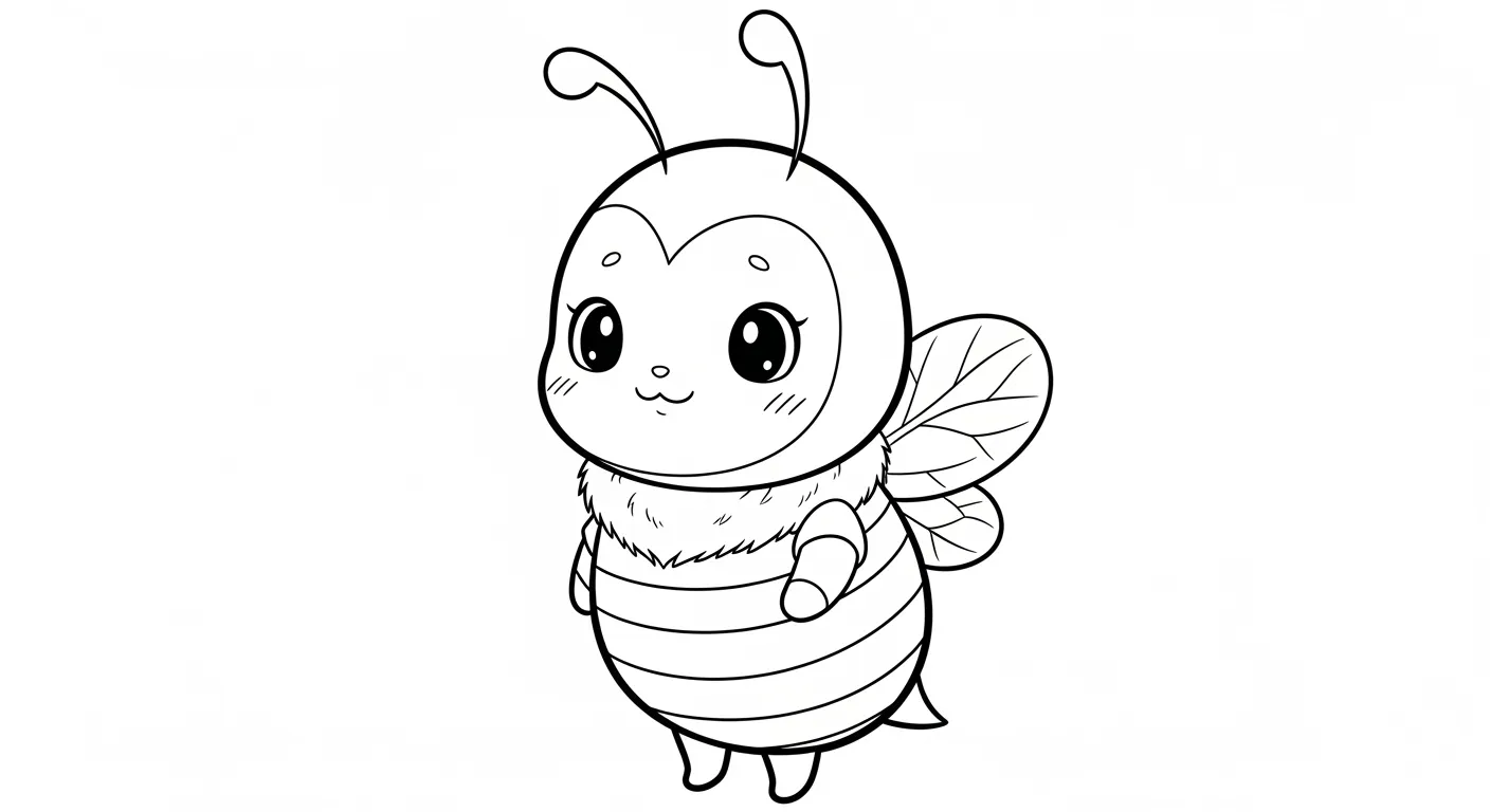 Desenho de contorno de uma abelha fofa estilo kawaii, com olhos grandes brilhantes, bochechas com risquinhos e um sorriso pequeno.
