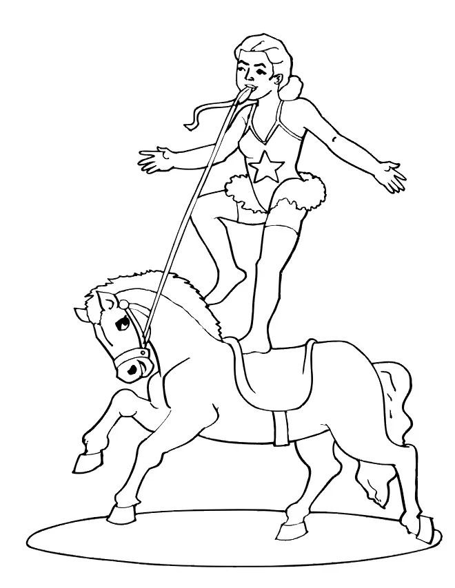 Desenho de contorno de uma artista de circo equilibrada em uma perna sobre um cavalo em movimento, segurando as rédeas com a boca.