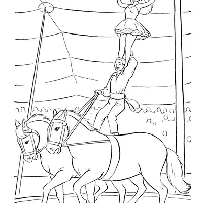 Desenho de contorno de um acrobata em pé sobre dois cavalos, segurando uma acrobata acima de sua cabeça em uma pose de equilíbrio dentro do circo.