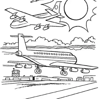 Desenho de três aviões a jato de passageiros: um grande na pista em decolagempouso, um em voo alto e um terceiro menor. O cenário inclui nuvens, um grande sol e edifícios de aeroporto (torre de controle e terminal).