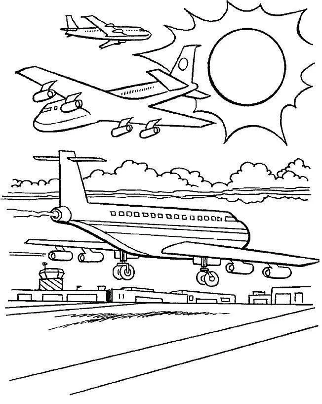Desenho de três aviões a jato de passageiros: um grande na pista em decolagempouso, um em voo alto e um terceiro menor. O cenário inclui nuvens, um grande sol e edifícios de aeroporto (torre de controle e terminal).