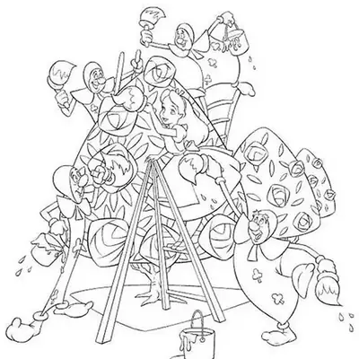 Desenho para colorir de Alice no País das Maravilhas com três ajudantes-cartas (Soldados) pintando apressadamente as rosas brancas de vermelho no jardim real. Eles usam pincéis, latas de tinta e uma escada.
