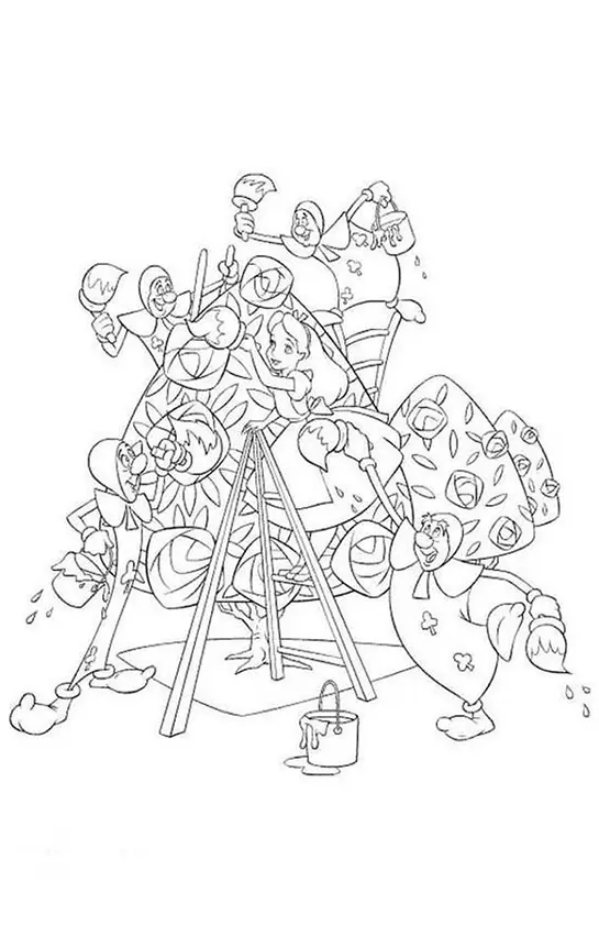 Desenho para colorir de Alice no País das Maravilhas com três ajudantes-cartas (Soldados) pintando apressadamente as rosas brancas de vermelho no jardim real. Eles usam pincéis, latas de tinta e uma escada.