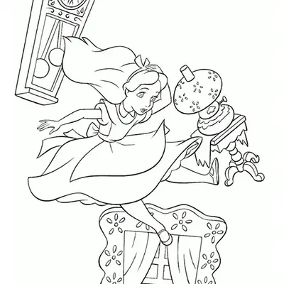 Desenho para colorir de Alice, com o vestido esvoaçante, caindo. Ao redor dela, flutuam um grande relógio de pêndulo, uma janela com cortinas e flores em vasos, e uma mesa lateral tombando com um vaso.