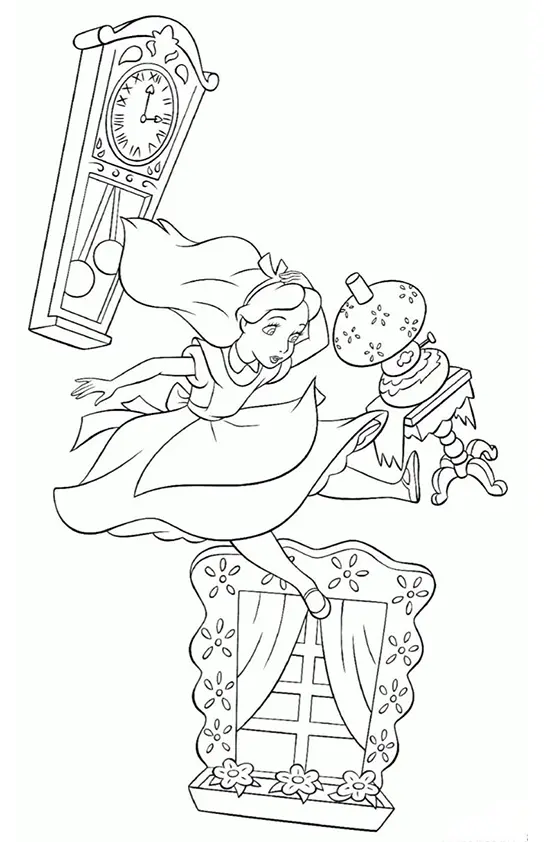 Desenho para colorir de Alice, com o vestido esvoaçante, caindo. Ao redor dela, flutuam um grande relógio de pêndulo, uma janela com cortinas e flores em vasos, e uma mesa lateral tombando com um vaso.