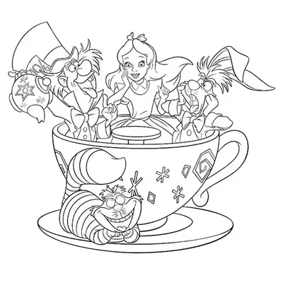 Desenho para colorir de Alice com o Chapeleiro Maluco e a Lebre de Março dentro de uma xícara grande. O Gato de Cheshire, com seu sorriso largo e listras, está na parte da frente da xícara.